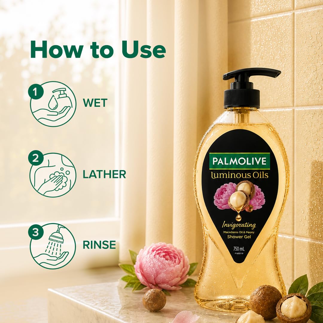 Palmolive Luminous Oil Invigorating Body Wash, 750ml Pump Bottle, 100% Natural Macadamia Oil & Peony Extracts For Everyday Freshness & Radiant Skin, PH Balanced