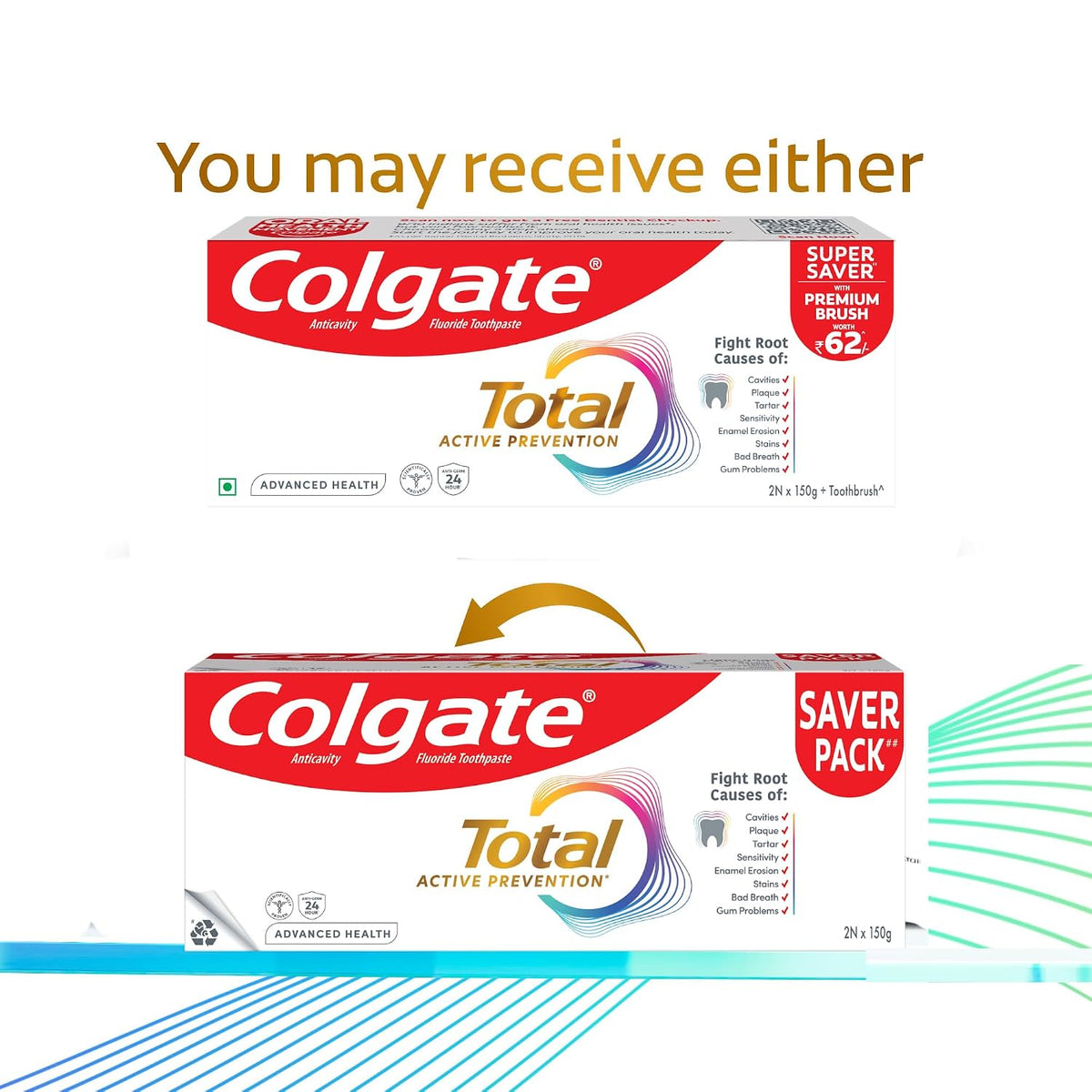 Colgate Total 300gm (2 x 150gm) Advanced Health Anti-Germ Toothpaste with Toothbrush, Tooth Paste with 12-Hour Anti-Germ & Enamel Protection, Whole Mouth Health