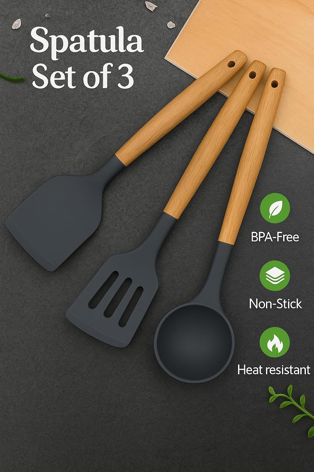 Sakoraware Silicone Spatula Set with Wooden Handle Kitchen Tools Mixing | Serving Cooking Spoon | Turner | Soup Ladle | Non-Stick | BPA Free Kitchen Tools Set o