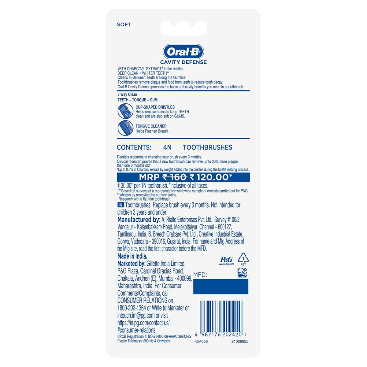 Oral-B Cavity Defense Soft Toothbrush For Adults, Charcoal Extract Soft Bristles, Removes Bacteria For Cavity Protection, Multicolour Toothbrush Set, Oral B Den