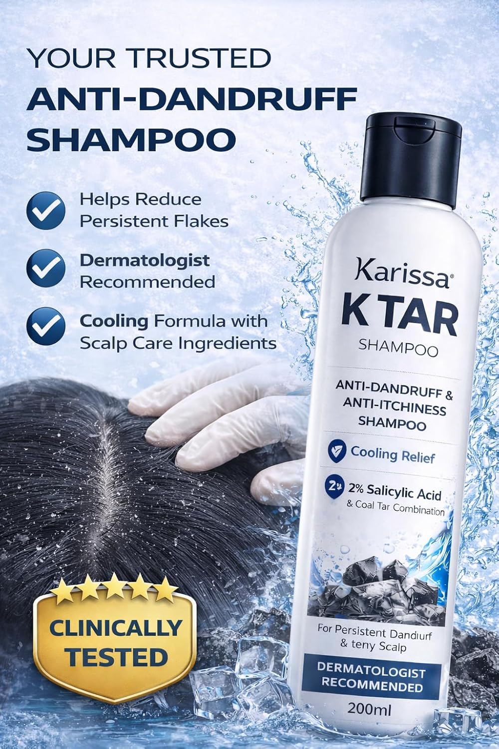 Karissa K TAR Anti Dandruff Shampoo with 2% Salicylic Acid & Coal Tar | Reduces Dandruff, Itchy Scalp & Flakes | Deep Scalp Cleansing & Oil Control | Cooling Re