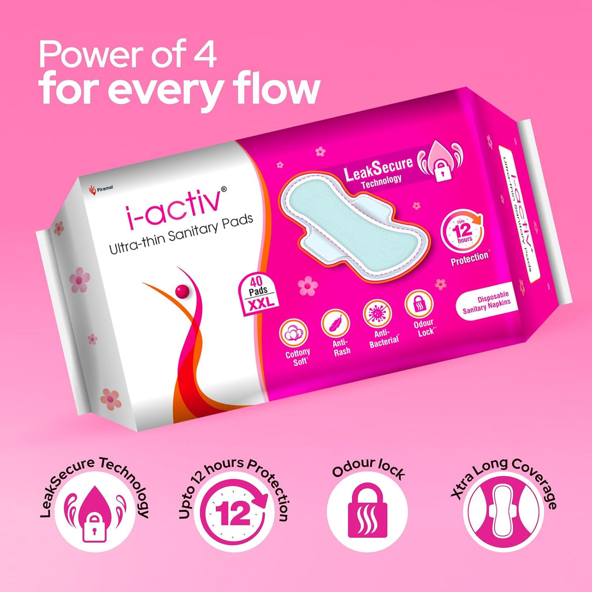 I activ Ultra Thin Sanitary Pads for Women XXL | 40 Pads | Anti-Rash Anti-Bacterial Cottony Soft Sanitary Napkins | No Nasties | Upto 12 Hours Heavy Flow Leak P