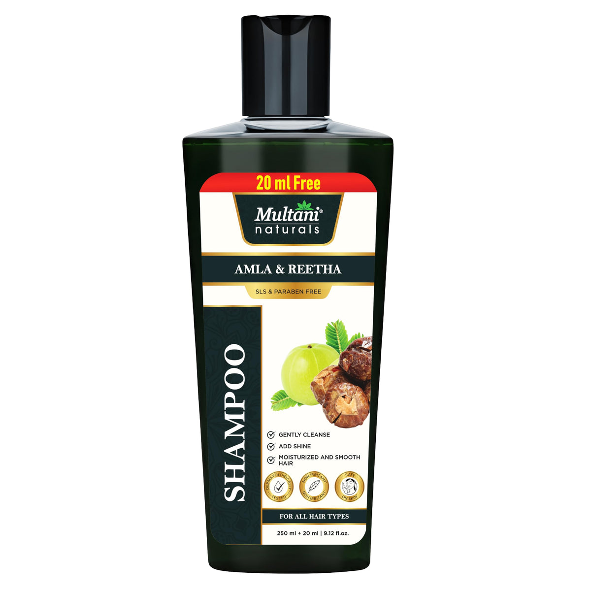 Multani Natural Amla & Reetha Hair Shampoo (270 ml) | Anti-Hair Fall Ayurvedic Shampoo | Dermatologically Tested | Suitable for All Hair Amla & Reetha 270 ml (P