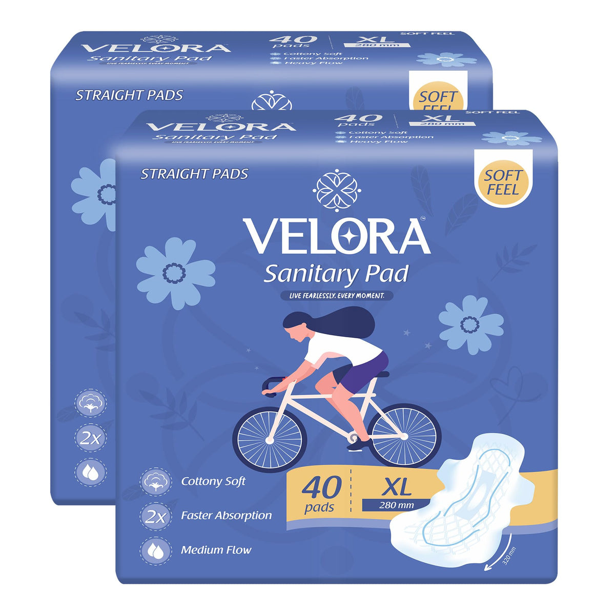 Velora Soft Feel & Rash Free XL 80 Pads Combo with Wider Back for Extra Coverage |Quick Absorption| Medium Flow Straight Sanitary Pads for Women & Girl (40 Pads