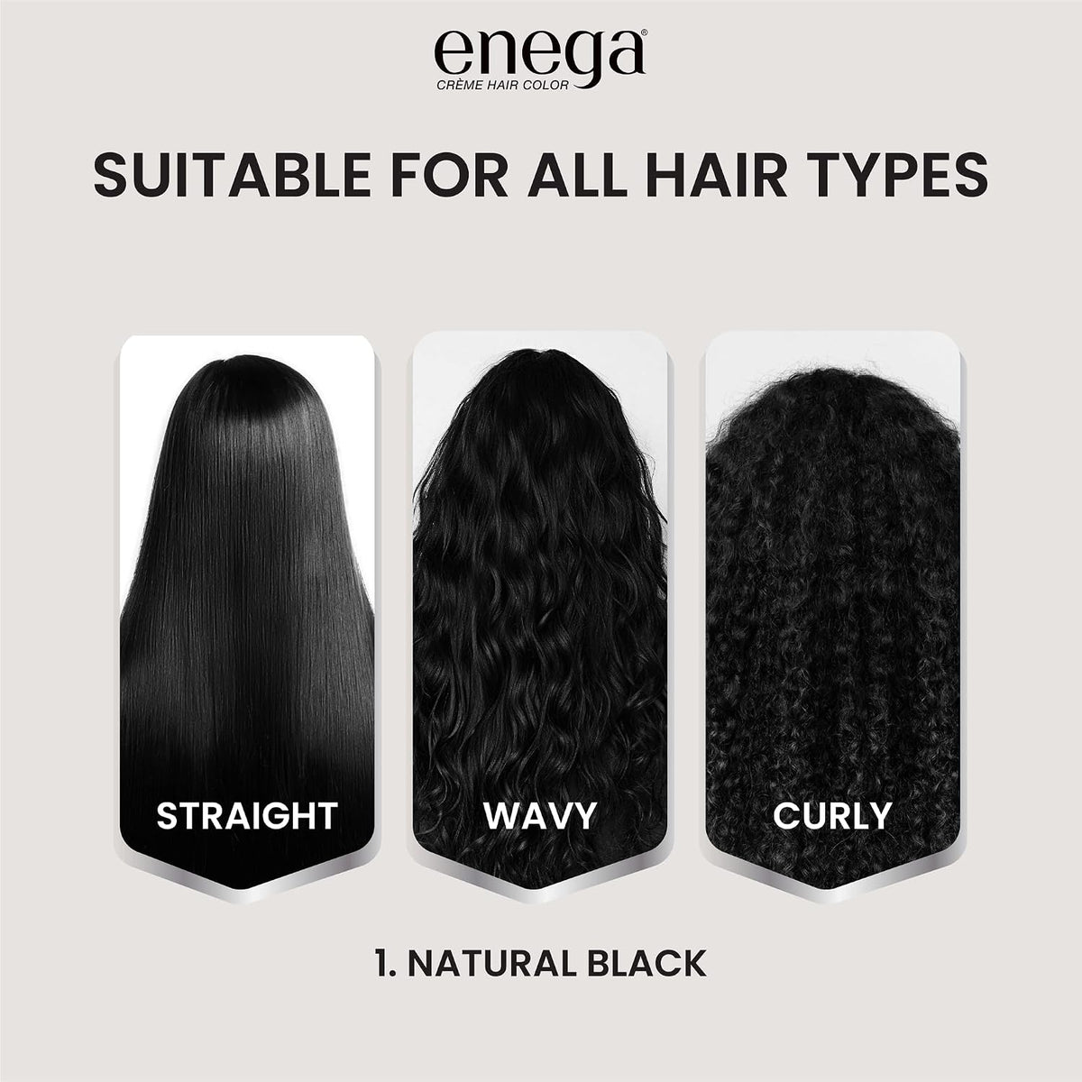 Enega No Ammonia Grey Coverage Long Lasting Creme Hair Color with Argan Oil & Green Tea Extract - Pack of 1(150 ML) (Natural Black)