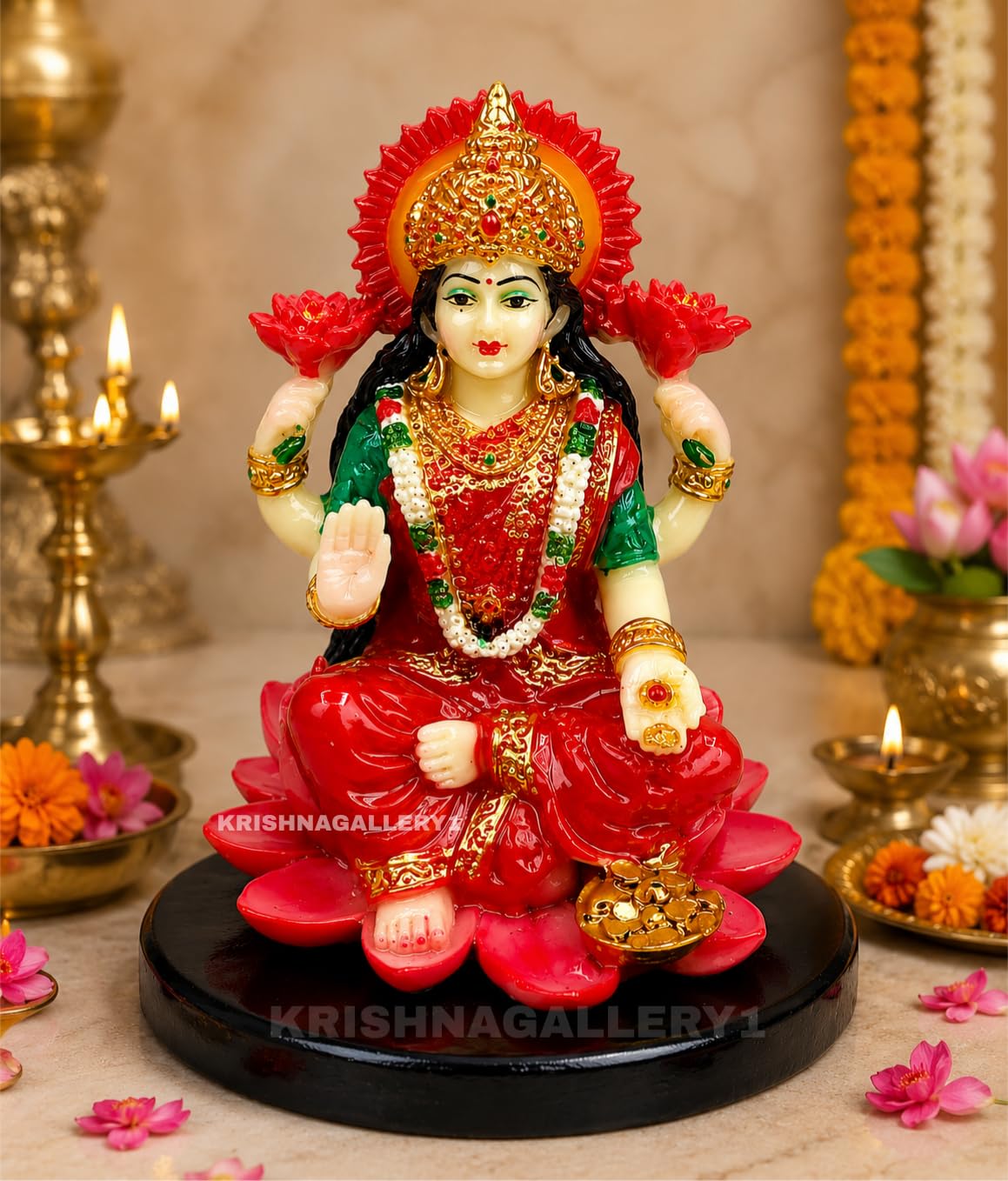 KRISHNAGALLERY1 Marble Look Laxmi Mata Ji Murti Statue Goddess Laxmi Idol For Pooja Gift Good Luck Money 4 Inch, Multi-coloured Laxmi ji