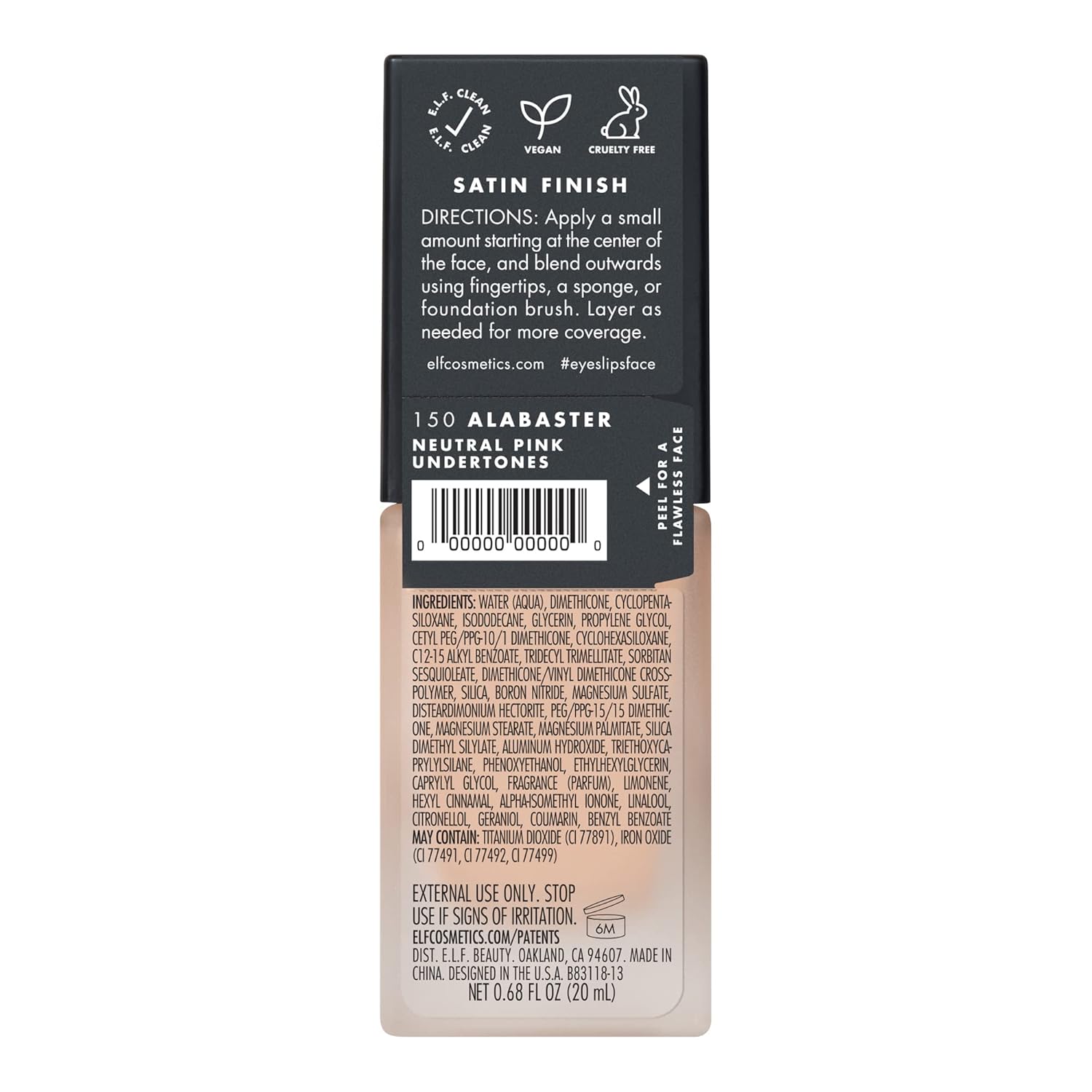 e.l.f. Flawless Satin Foundation, Lightweight & Medium Coverage, Semi-Matte Finish, Vegan & Cruelty-Free, Alabaster, 0.68 Fl Oz (20mL)