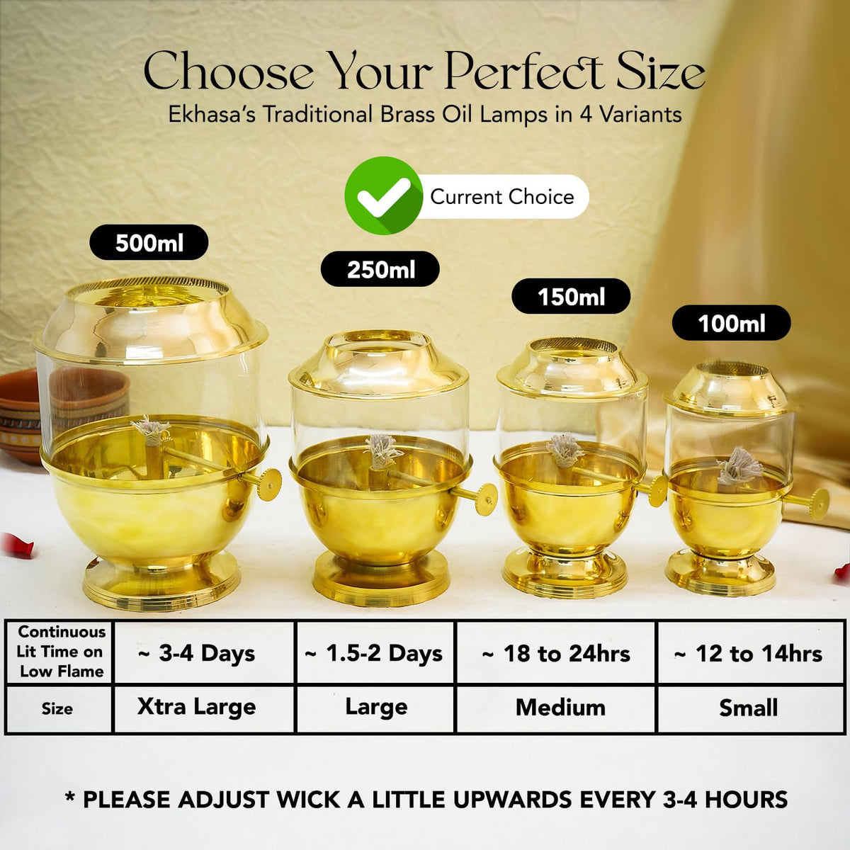 Ekhasa 100% Pure Brass Akhand Jyot Diya with Adjustable Bati Knob, Wick Lifting Screw Lever, Glass Cover (Large Size, 250 ml Oil Capacity, Stay Lit for 48 Hours
