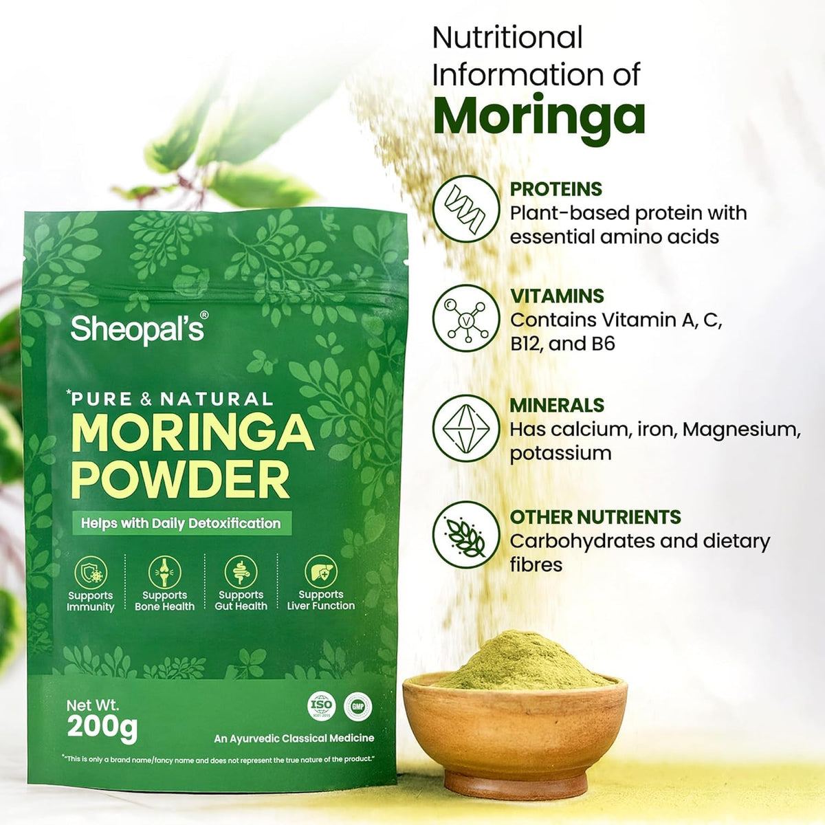 Sheopals Moringa Powder 100% Natural Drumstick Leaf Powder Good for Skin, Hair Healthy Plant based With No Preservatives 200 Gms