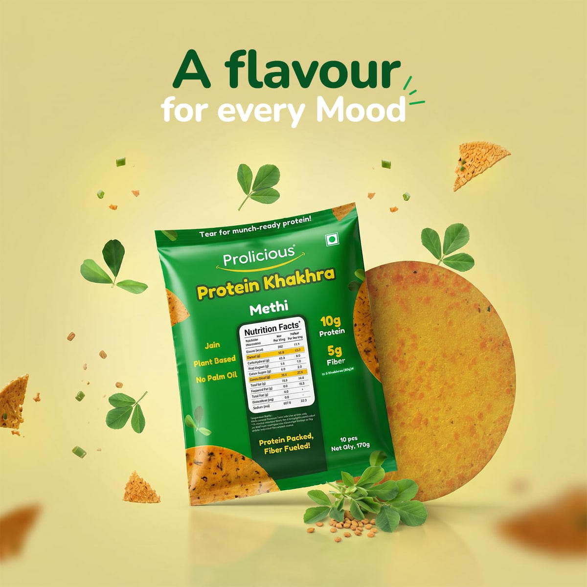 Prolicious Healthy Protein Khakhra| 34g Protein & 17g Fibre Per Pack Per Pack |Vegan Snack|Jain| No Maida |No Palm Oil| 170g (Pack of 4) |Methi Methi 170 g (Pac