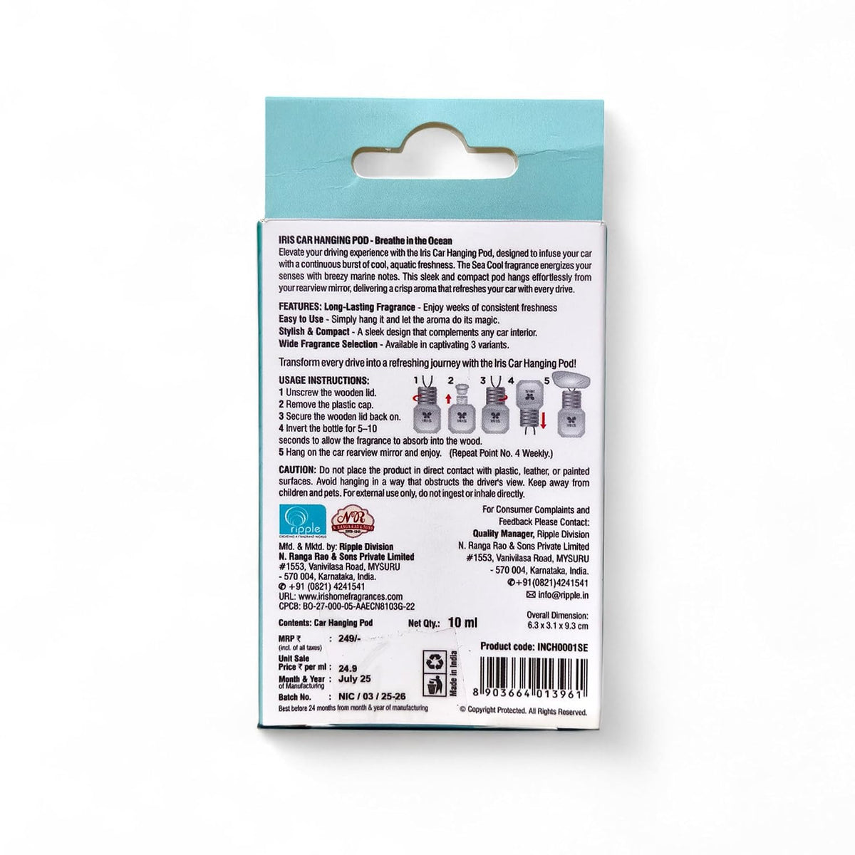 IRIS Car Hanging Pod Air Freshener – Vanilla | 10ml | Compact design, Consistent Aroma - lasts up to 30 days