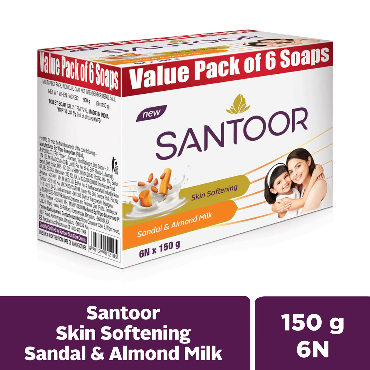 Santoor Sandalwood and Almond milk Organic Soft Bath Soap for Softer, Smoother and Moisturised Skin, Combo Offer 150 g pack of 12 Milk Soap