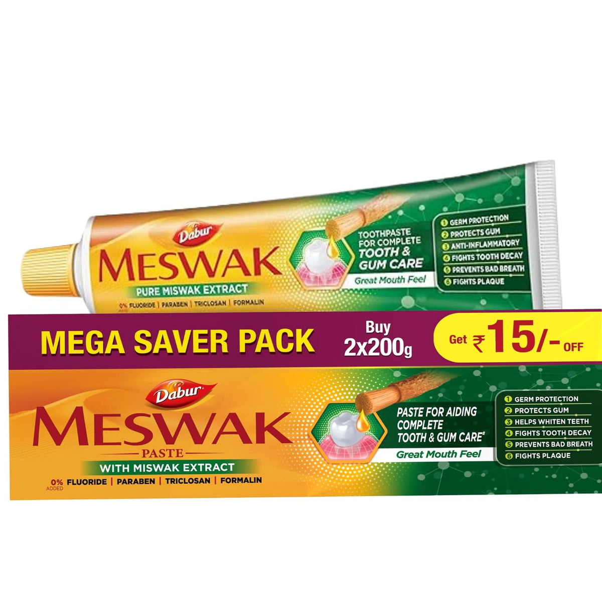 Dabur Meswak: India's No-1 Fluoride Free Toothpaste with Antibacterial, Anti Inflammatory & Astringent benefits,Cavity Protection|Helps fight Plaque, Tartar, Ca