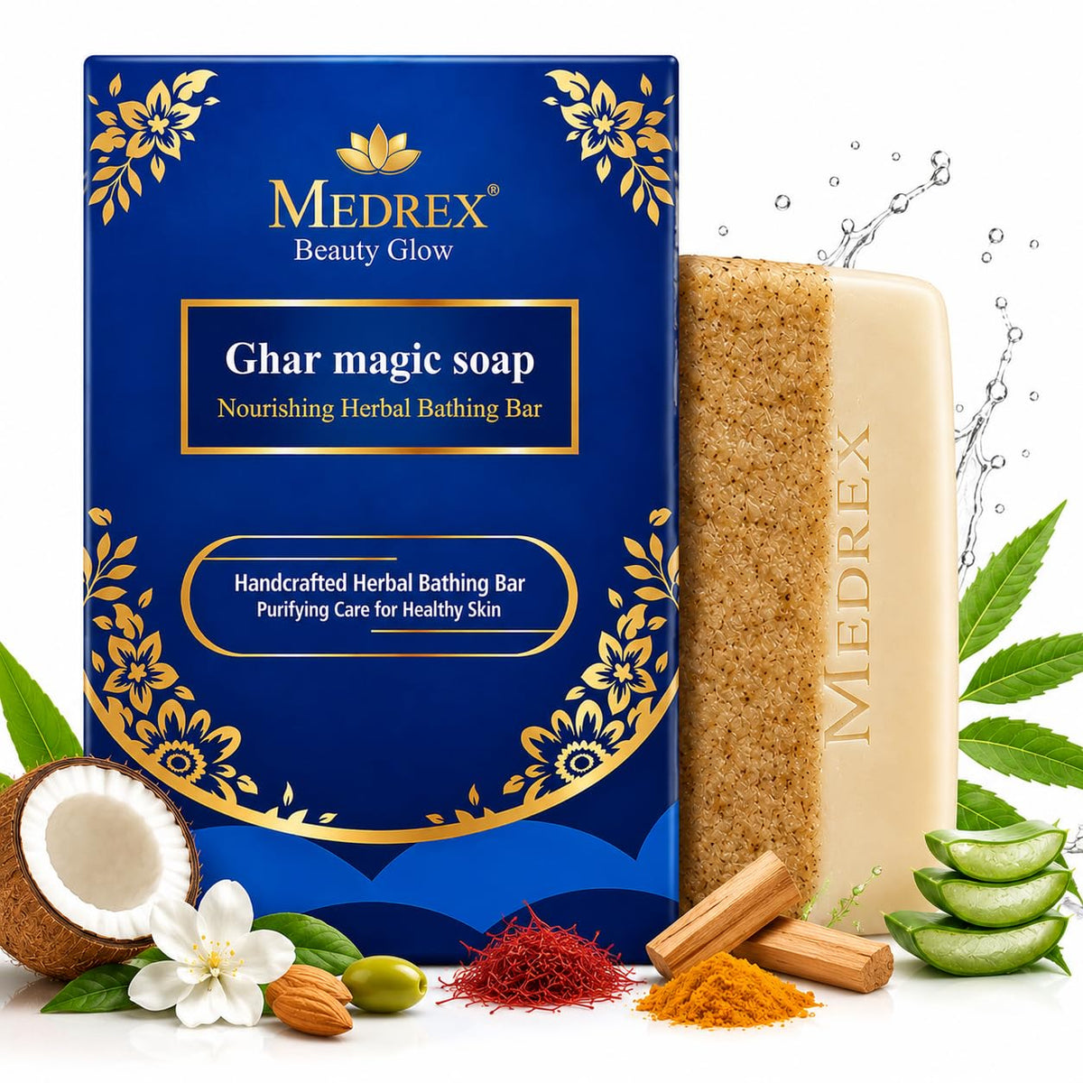 Medrex Magic Ghar Soap | Dual-Sided Handmade Bathing Soap | Exfoliating & Moisturizing Soap Bar | Natural Daily Skin Cleansing | For Men & Women | 120 g Unscent