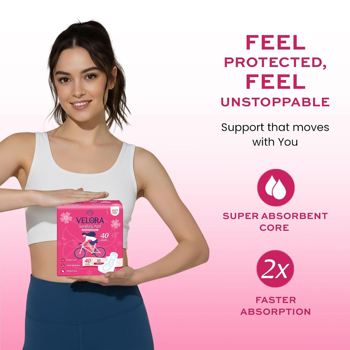 Velora Soft Feel & Rash Free Pack of 1 Trifold Sanitary Pads| XL - 280MM | 40 Pads | Sanitary Pads for Women and Girls, Quick Absorption, Heavy Flow Champion, S