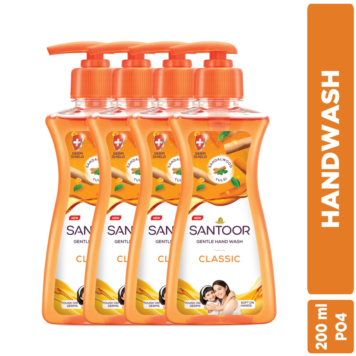 Santoor Classic Gentle Hand Wash 200ml, Pack of 4 with Natural Goodness of Sandalwood & Tulsi| Rich Lathering Formula With Anti-Bacterial Properties| Soft on Ha