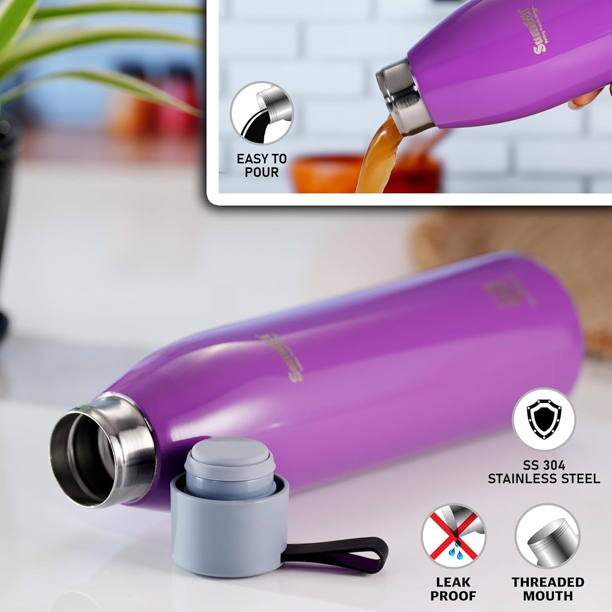 Sumeet Dew 24 Hrs Hot & Cold ISI Certified Stainless Steel Leak Proof Water Bottle for Office/School/College/Gym/Picnic/Home/Trekking -750ml, Pack of 1, Purple