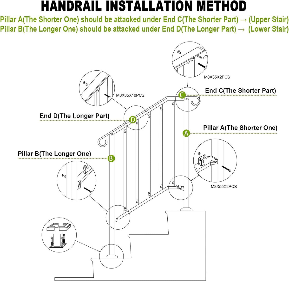 Adjustable Handrails for Outdoor Steps, Handrail Picket #2 Hand Rails for Outdoor 2 or 3 Steps, Mattle Wrought Iron Handrail, Stair Rail with Installation Kit f