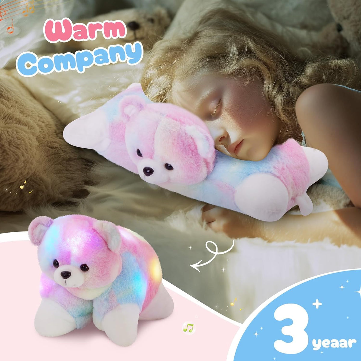 Glow Guards 15" Light up Musical Rainbow Teddy Bear Plush Pillow Cute Pink