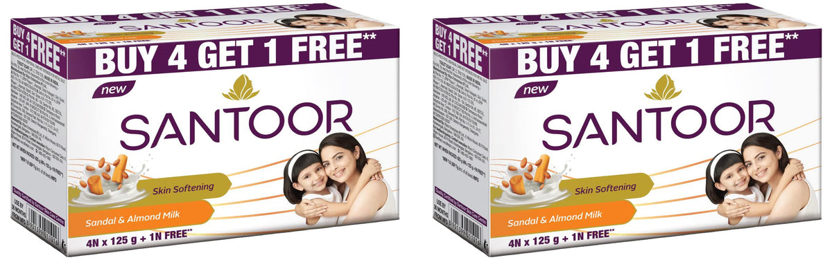 Santoor Sandal and Almond Milk Soap (Buy 4 Get 1 Free 125g each) (Pack of 2) 625 g (Pack of 2)