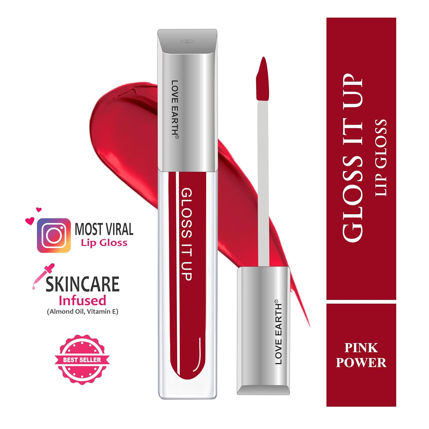 Love Earth Liquid Lip Gloss -Pink Power For Soft & Dewy Lips Enriched With Vitamin E & Almond Oil | Lip Color For Glossy Look |Lightweight Non Sticky Lip Shiner For Moisturizing Lips 3ml (Deep Pink)