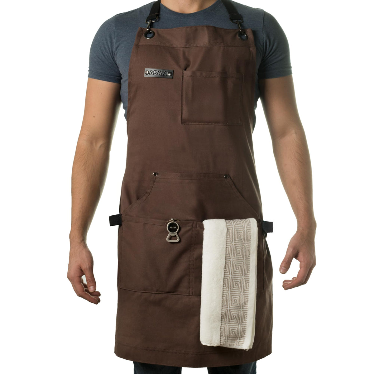 Asaya Chef Apron for Men and Women + Hand Towel and Bottle Opener - 10oz Canvas Brown