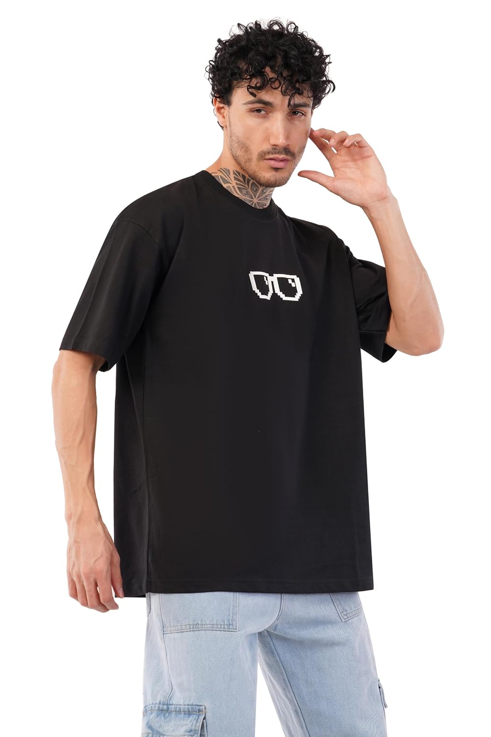 NERTZ Men's Oversized Streetwear T-Shirt Graphic Print | Relaxed Fit Cotton Tee | Half Sleeve Black Crewneck Tshirt for Casual & Urban Wear Pixel XL