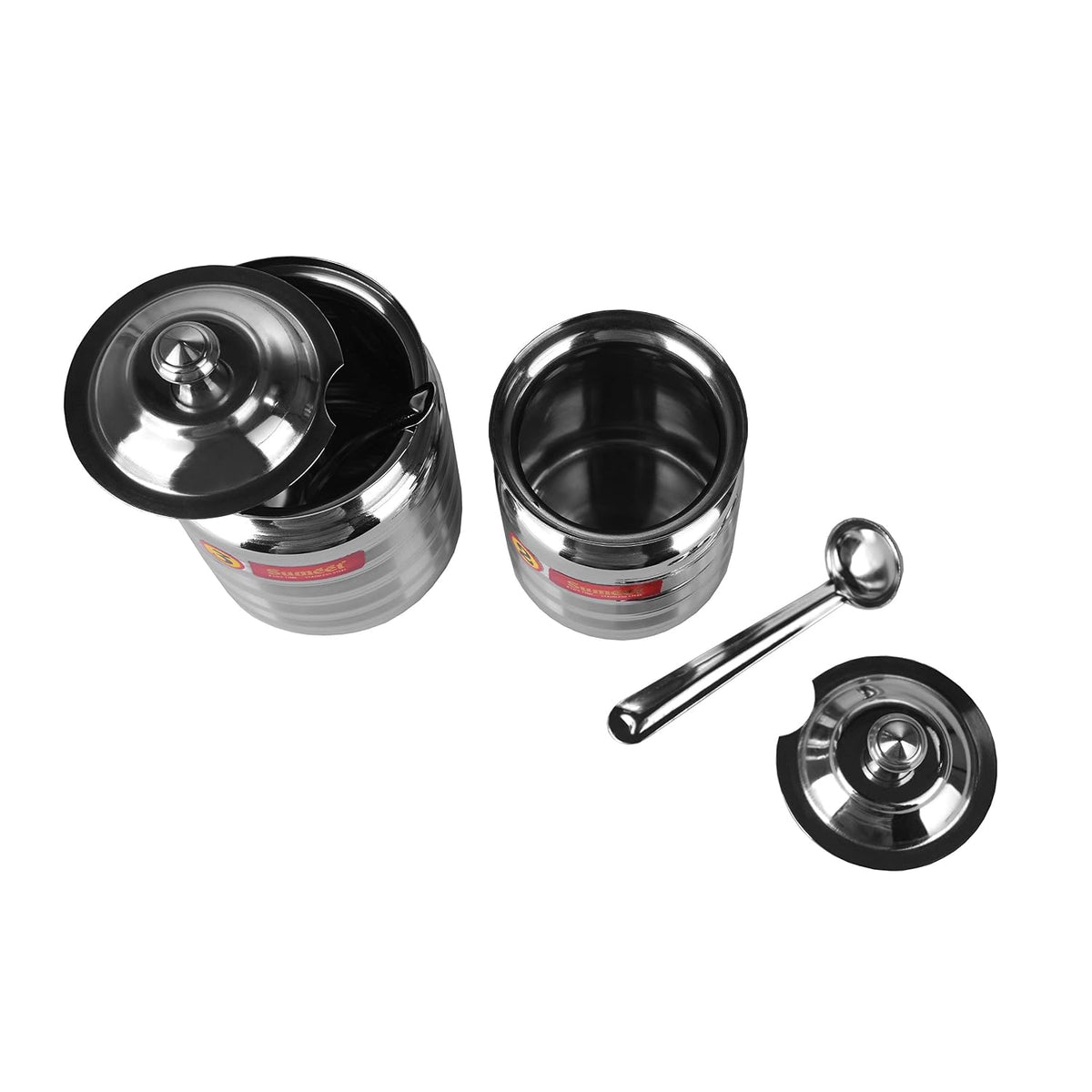 Sumeet Stainless Steel Pot Set for ghee; oil with lid and spoon to scoop out 2 Piece combo of 350ml; 500ml; Silver