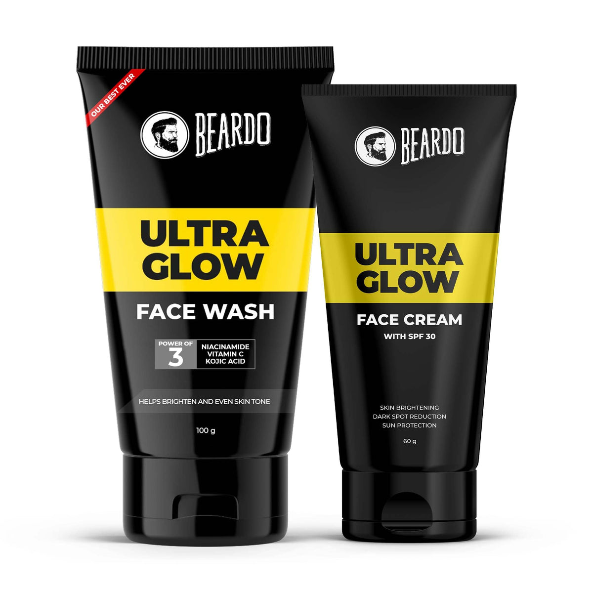 Beardo Ultra Glow Face Wash 100ml & Ultra Glow Face Cream with SPF 30, 60g | Powered by Niacinamide, Vitamin C & Kojic Acid for Visibly Bright Skin | Cleanses,
