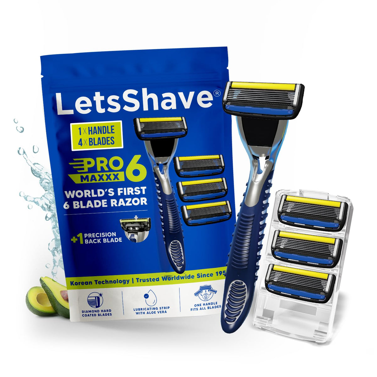 LetsShave Pro 6 Maxxx – World's 1st 6 Blade Razor for Men, Ergonomic, Precision Back Blade | 1 Handle + 4 Cartridges | Open-Flow Anti-Clog | Micro-Span Curved B
