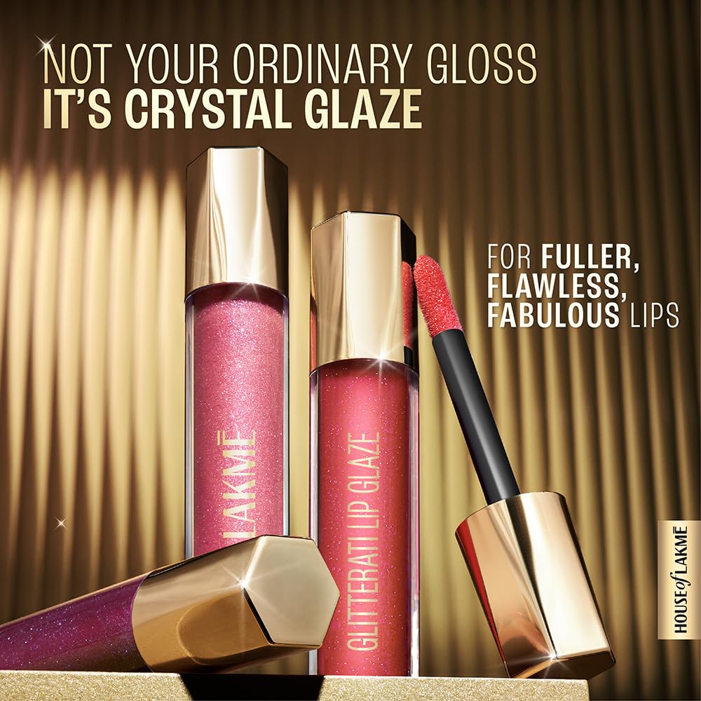 Lakme Glitterati Lip Glaze, for Plump and Shiny Lips, with Vegan Collagen and Crystal Technology, Non-Sticky Formula, Glitter Infused, Delicious Coconut-Vanilla
