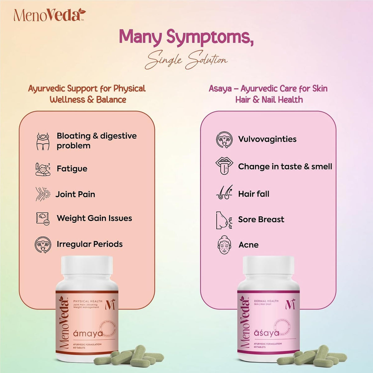 Menoveda Amaya Asaya Combo For Fitness, Strength, Hair, Nail and Skin Health | Perimenopause & Menopause Supplements For Women | Balances Hormone Naturally | He