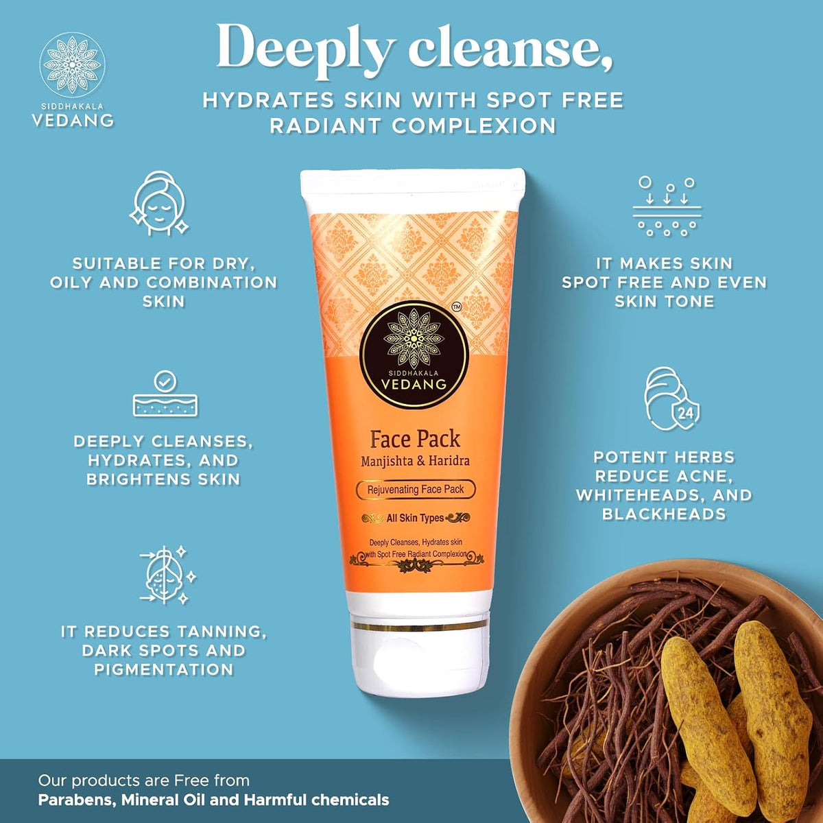 Face Pack (Manjishta & Haridra) for Glowing Skin & Tan Removal | Ayurvedic Blend with Daruharidra, Jeshthmadh, Aloe vera, Kaolin Clay - 100ml (Pack of 1) Fresh