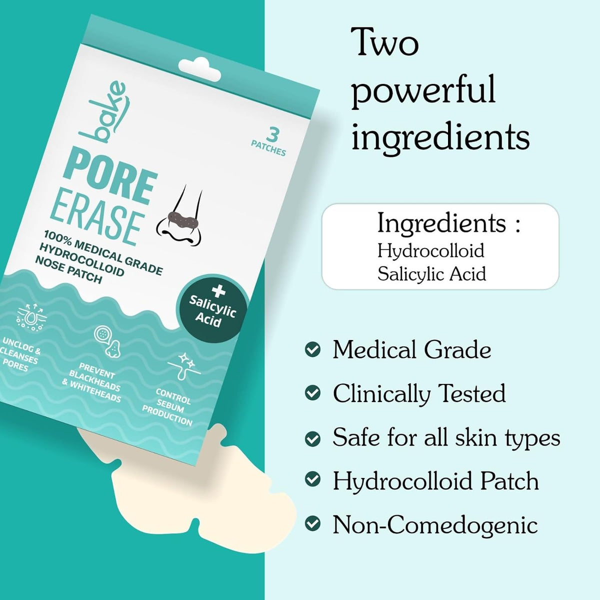 BAKE 2% Salicylic Acid Nose Strips for Blackheads Removal, Whiteheads & Pore Cleansing | Hydrocolloid Nose Patches for Clogged Pores, Deep Cleansing, Controlled