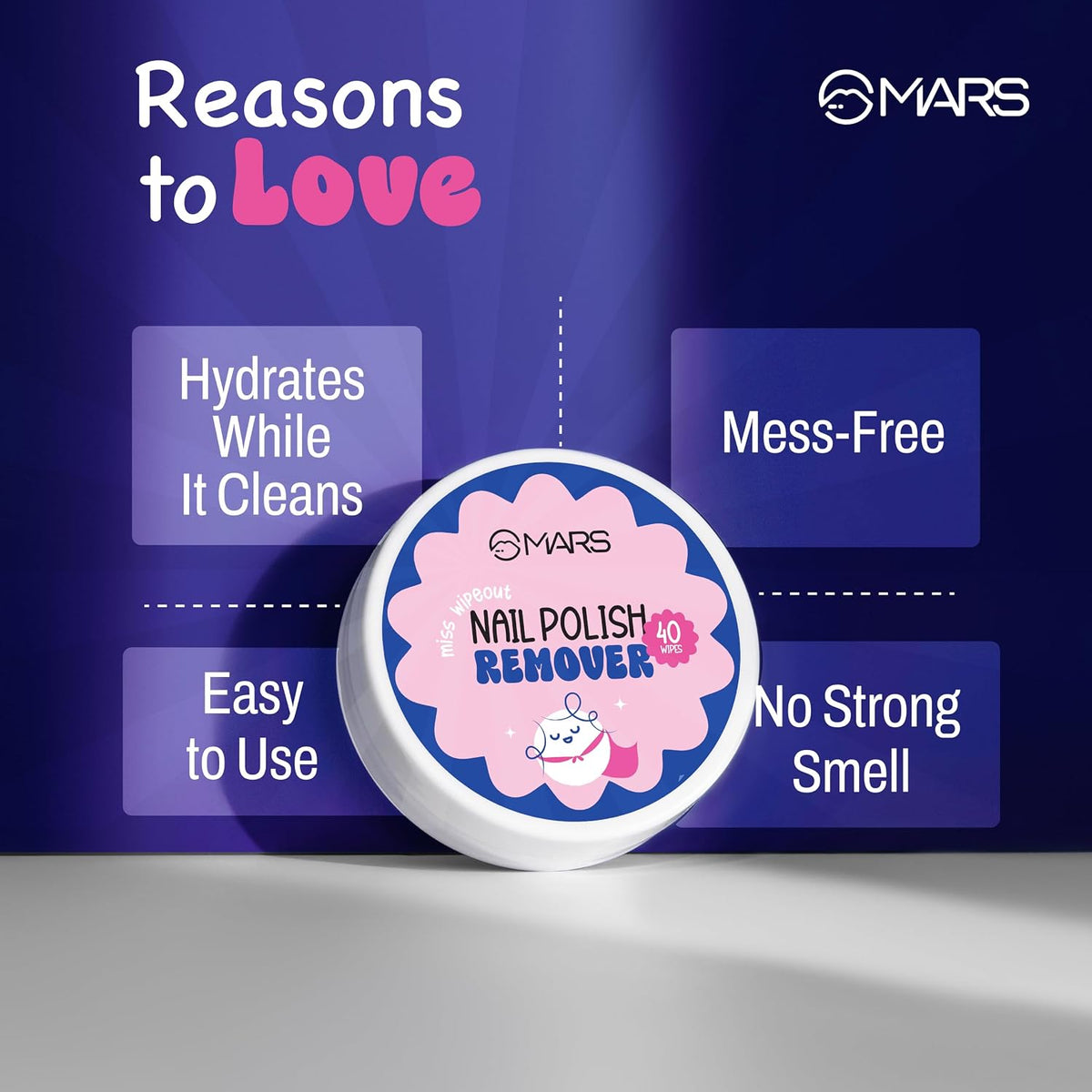 MARS Miss Wipe Out Nail Polish Remover Wipes (40 Wipes) | Acetone & Alcohol-Free | Moisturising & Nourishing Formula | Gentle & Travel-Friendly