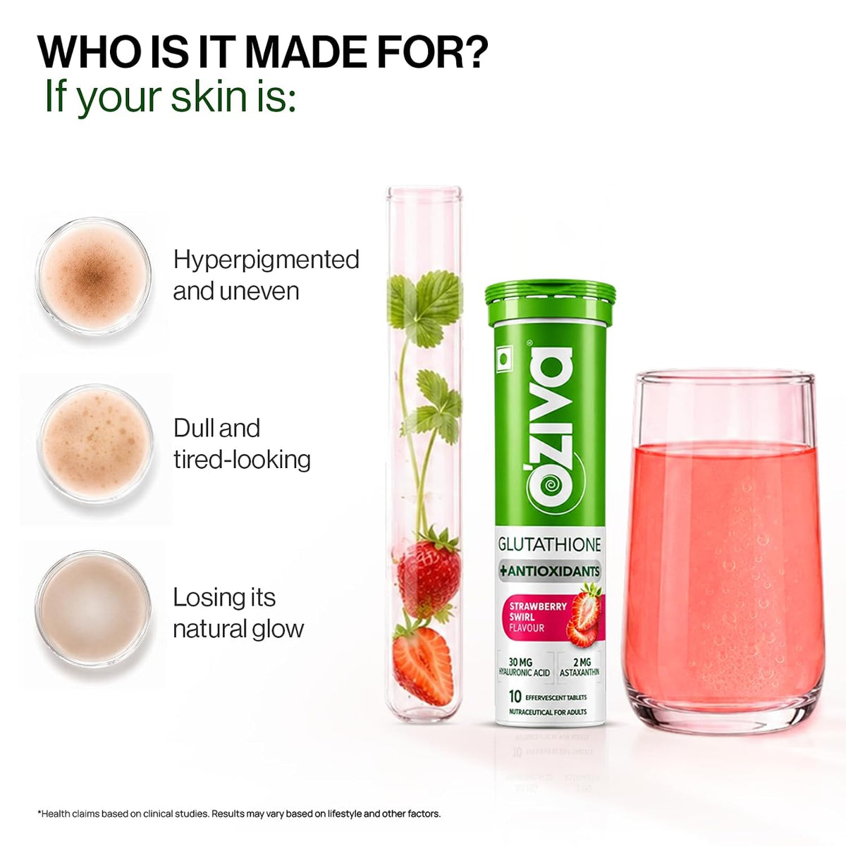 OZiva Bioactive Glutathione Tablets, Skin Glow, Strawberry Swirl, 10 Tabs Pack 1 Strawberry