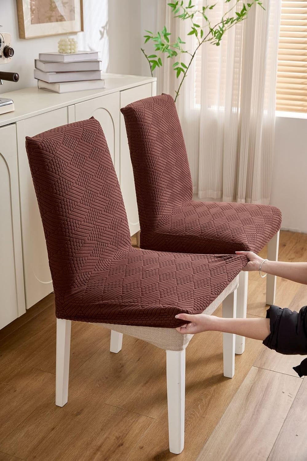 HOMETHREADS Elastic Jacquard Chair Cover Stretch Removable Washable Short Dining Chair Cover Protector Seat (Coffee, Pack of 6) Coffee Pack of 6