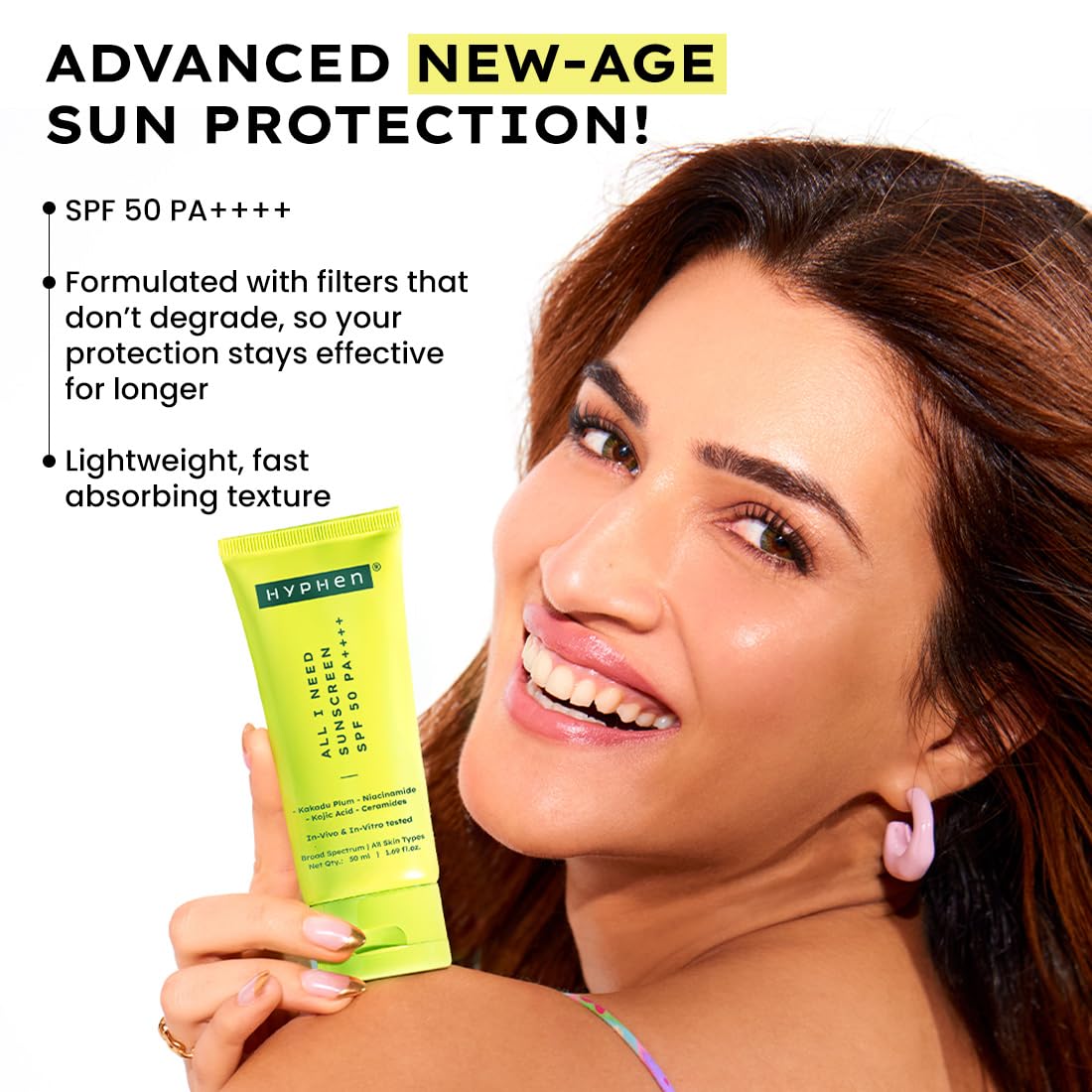 Hyphen All I Need Sunscreen SPF 50 PA++++ | With New-Gen UV Filters | No White Cast | In-Vivo Tested | Brightens,Hydrates| Lightweight Non-Greasy UVA/UVB Protection | For All Skin Types | Women & Men | 50ml