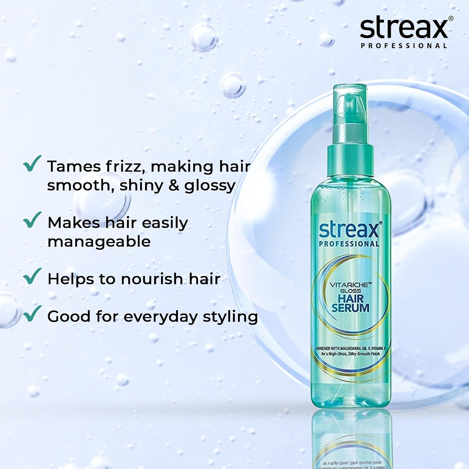 Streax Professional Vitariche Gloss Hair Serum,75 ml| Frizz-Free Hair | Enhance Shine and Smoothness | With Vitamin E & Macadamia Oil| | For All Hair Types
