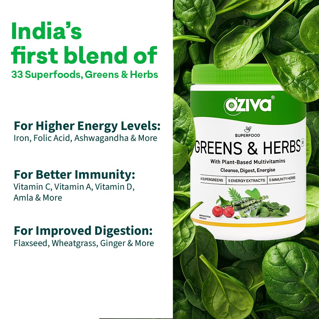 OZiva Superfood Greens & Herbs for Acne Control, Skin Health & Digestion | Daily Greens and 35+ Superfoods, Herbs, Chlorella & Moringa, 200 g Superfood Greens &
