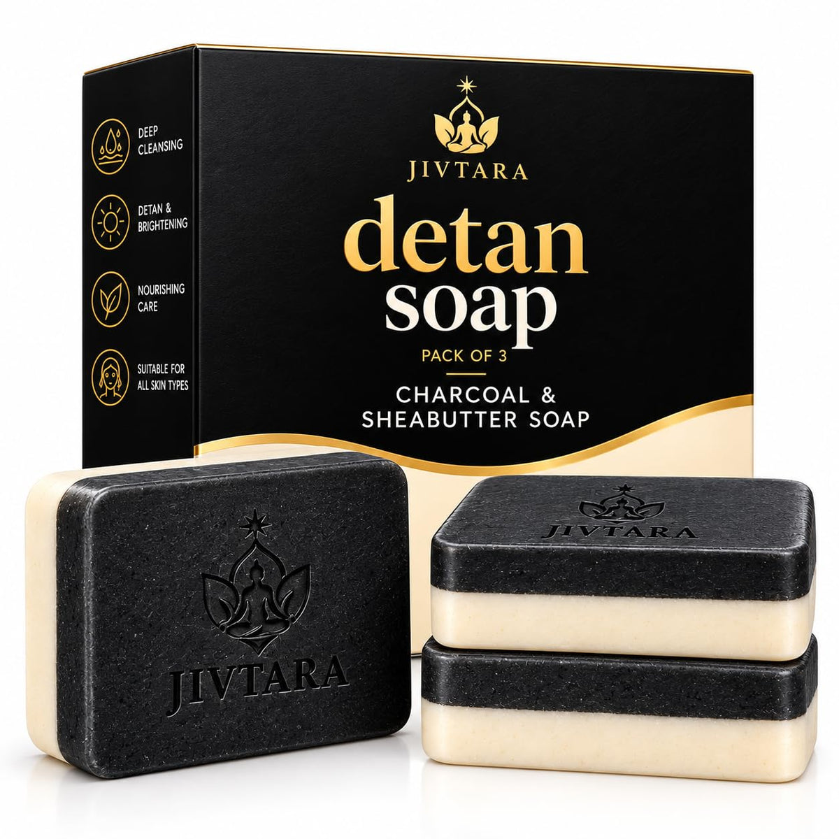 Detan Soap Pack of 3 | 2-in-1 Dual Action Charcoal & Shea Butter Soap Men & Women | Exfoliating Black Side, Soothing White Side | Deep Cleansing, Tan Removal &