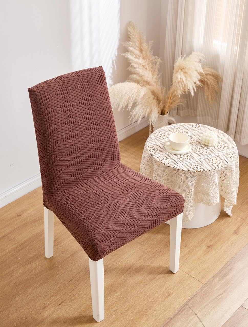HOMETHREADS Elastic Jacquard Chair Cover Stretch Removable Washable Short Dining Chair Cover Protector Seat (Coffee, Pack of 6) Coffee Pack of 6