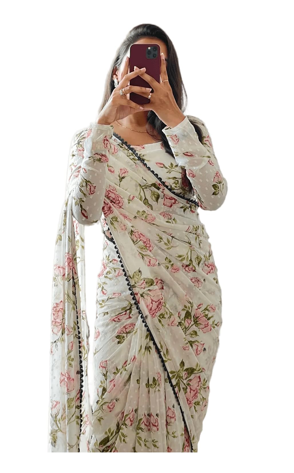 Sidhidata Women's Georgette Digital Printed Ready To Wear one Minute Saree With Unstitched Blouse Piece White