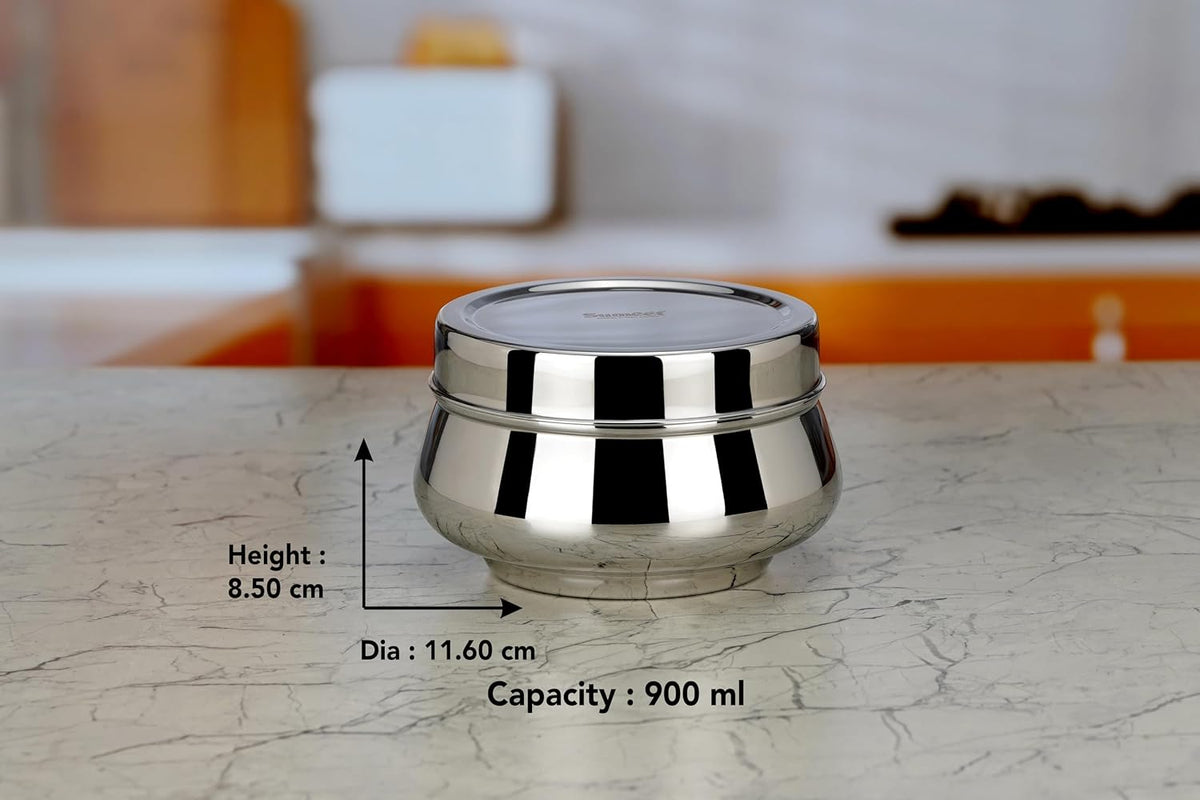 Sumeet Stainless Steel Handi Shape Canisters/Dabba/Storage Containers Set for kitchen 11.6cm Dia, 900ml, Pack of 2, Silver 900ml, 2 pcs