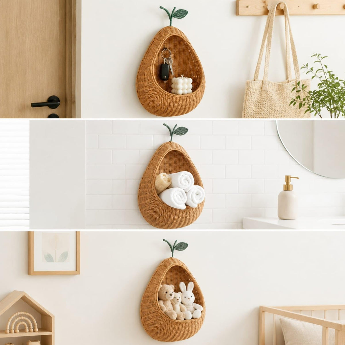 Handwoven Pear Basket Woven Hanging Basket with Open Front Handmade Boho for Children Nursery Entryway Playroom Handwoven Rattan| Baskets| Decorative Pottery &