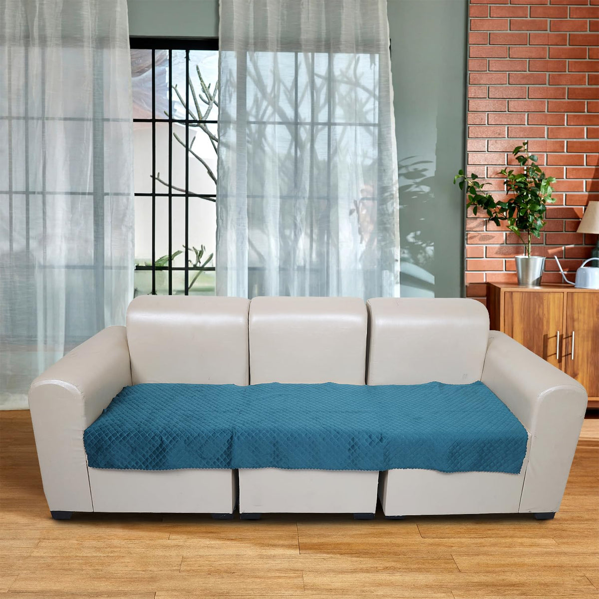 KINGLY Velvet Quilted 7 Seater (3+2+2) Sofa Protector – Premium Non-Slip Fit, Machine Washable Couch Mat for Living Room Sofa Set (Green Blue, 3pc Set – 23x27”