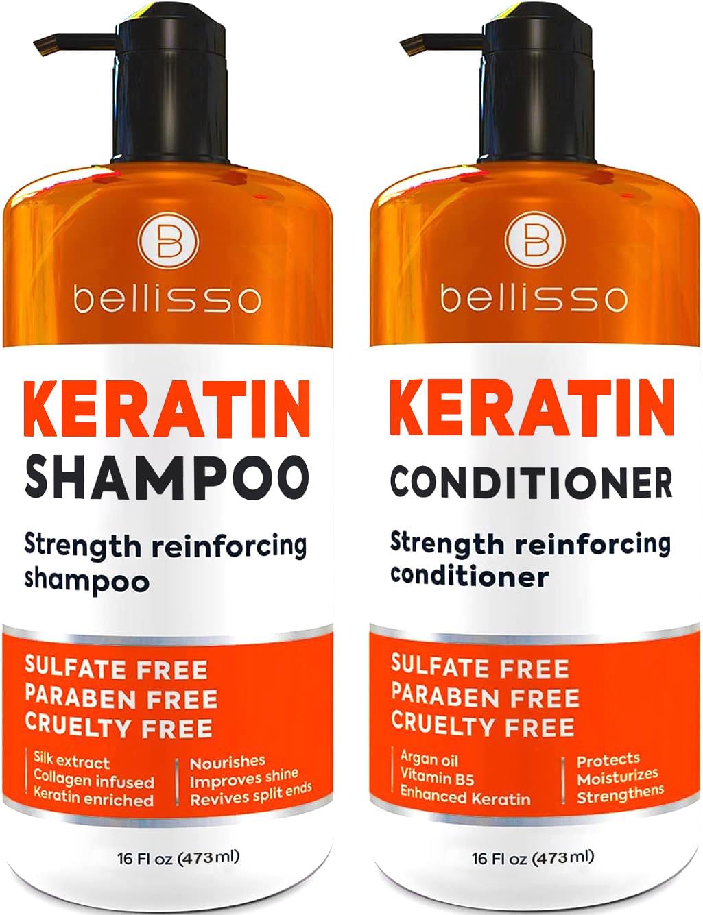 Keratin Shampoo and Conditioner Set - Sulfate Free and Paraben Free - Salon Thickening Treatment for Dry, Damaged, Curly, Frizzy, Straight or Color Treated Hair