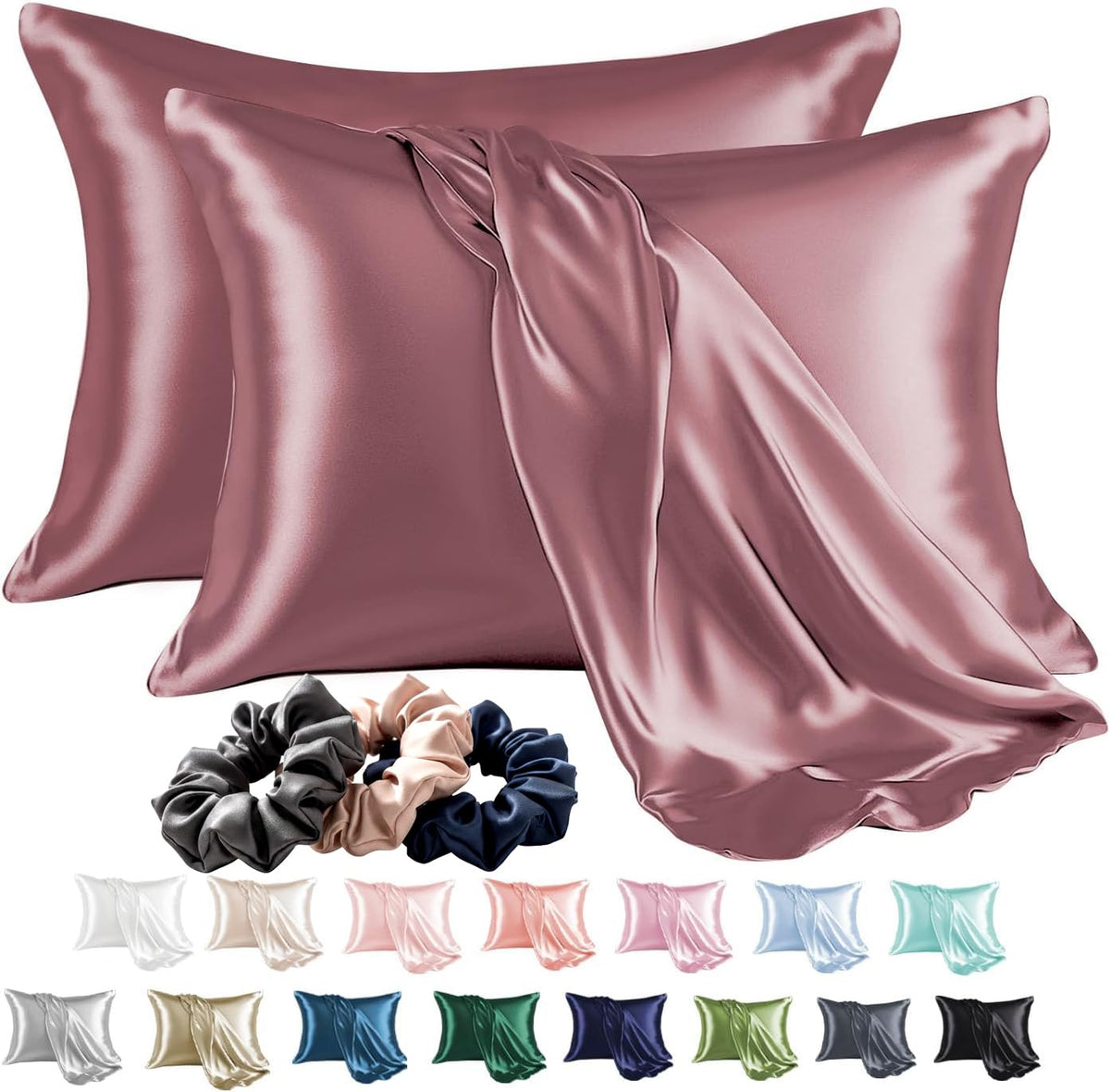 SKVM Satin Silk Pillow Covers Set of 2 for Hair and Skin scrunchies Set for Women 3-Pieces Pillowcase Soft Breathable Smooth Sleeping Envelope Closure Cover Bed
