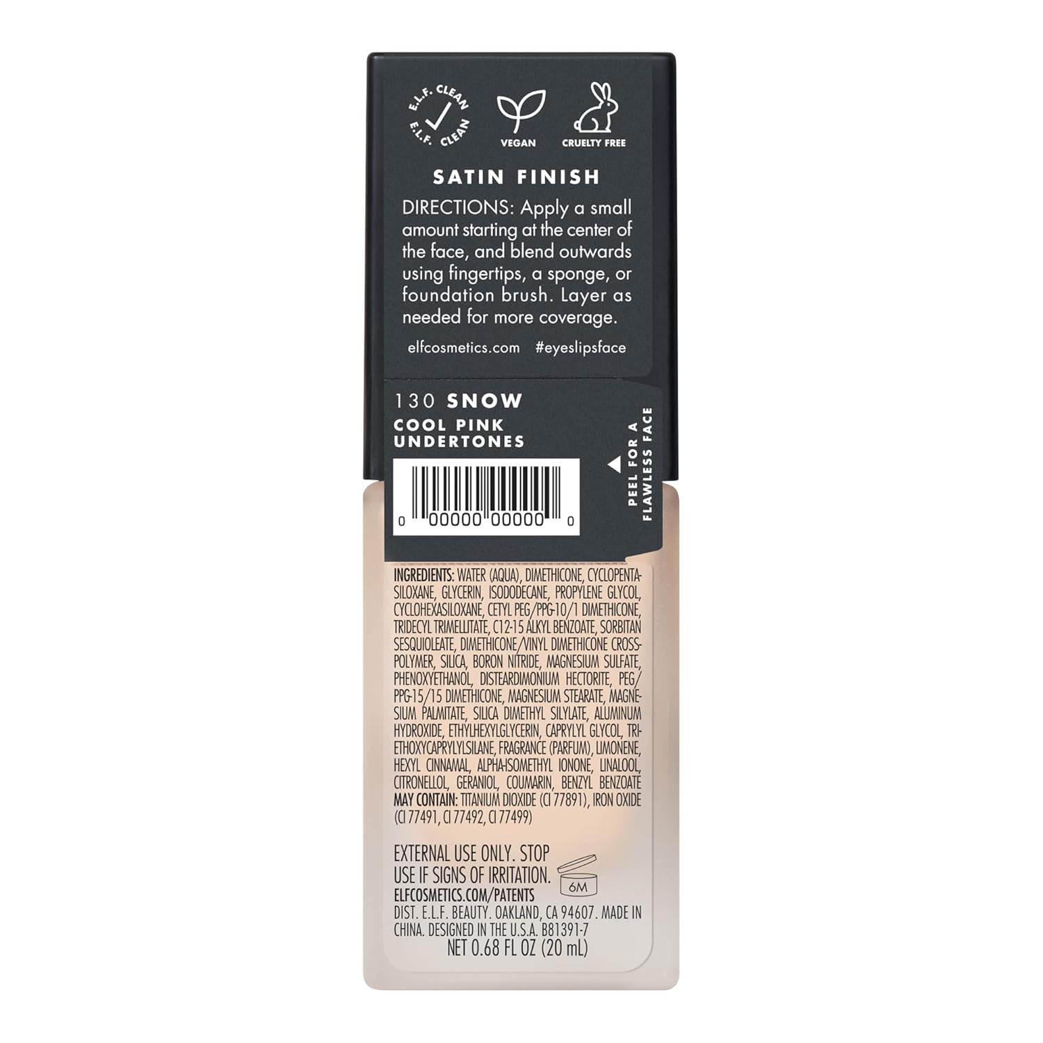 e.l.f. Flawless Satin Foundation, Lightweight & Medium Coverage, Semi-Matte Finish, Vegan & Cruelty-Free, Snow, 0.68 Fl Oz (20mL)