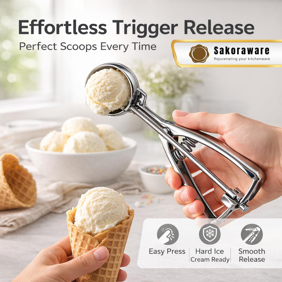 Sakoraware Multipurpose Ice Cream Scoop, Spring Handle Premium Stainless Steel Scooper for Icecream, Muffins Melon Cookie Dough Cutter, Dessert Serving Kitchen